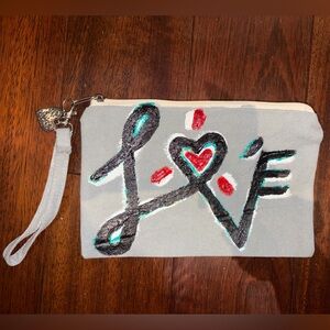 Hand-Painted Gray Canvas Wristlet Pouch with Heart Motif